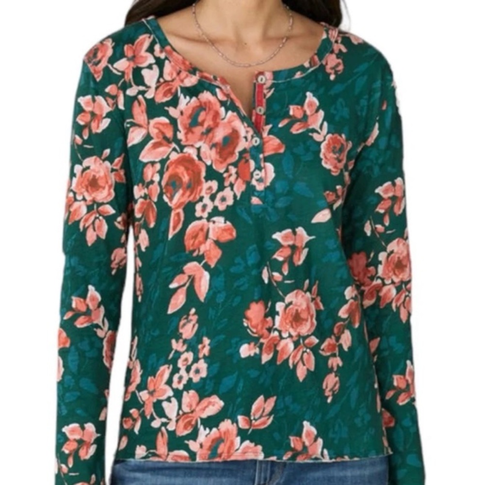 Sundance Teal Floral Henley Long Sleeve Top with Coral Blooms